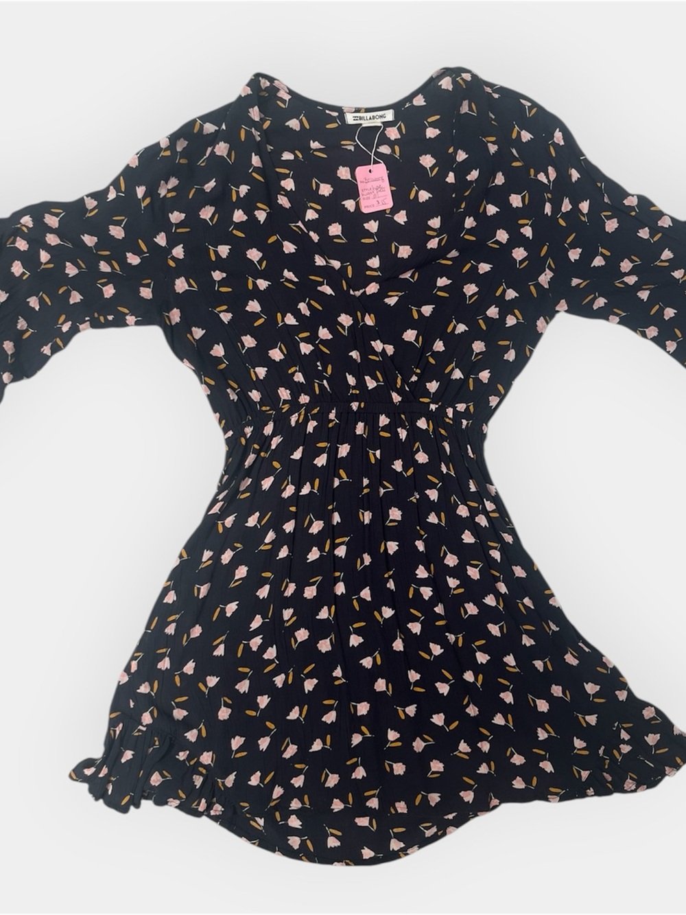 Billabong Black Floral Smocked Waist Dress with Pink Print
